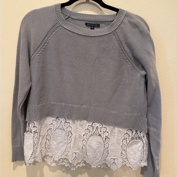 American Eagle Outfitters Gray Sweater with Lace Hem - Picture 1 of 4